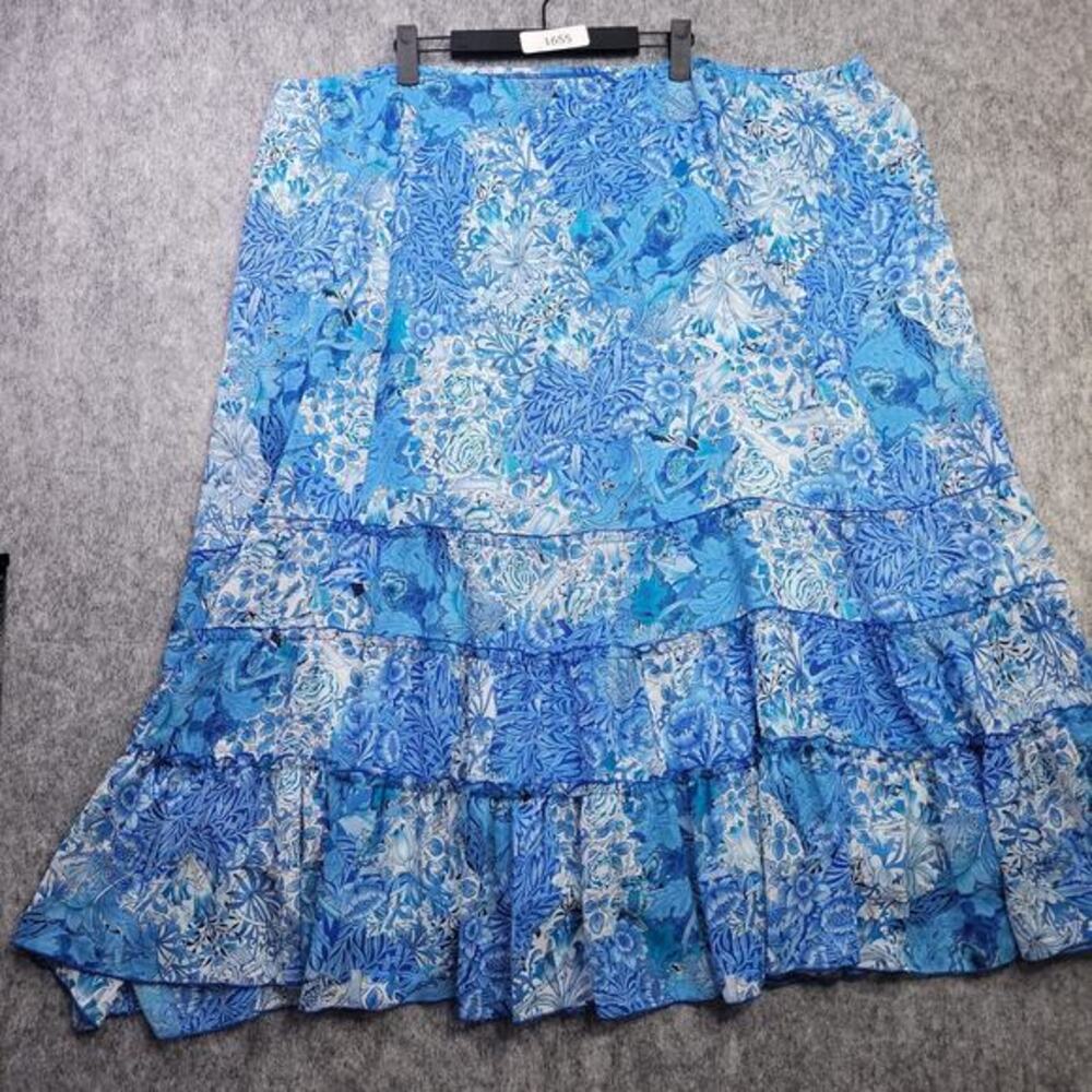 Dress‎ Barn Women Maxi Skirt 22W Broomstick Blue Floral Elastic Waist Tiered